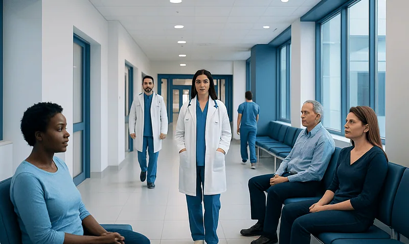 Healthcare professionals and patients in a hospital corridor.