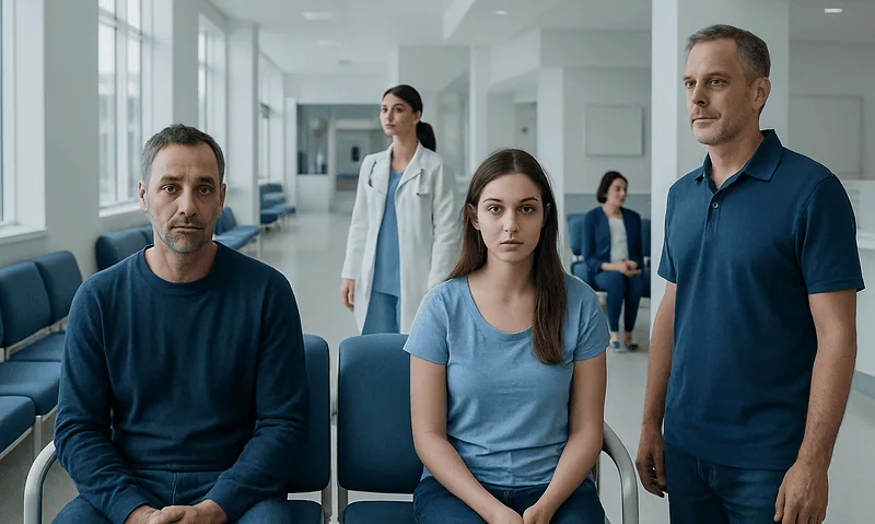 People waiting in a hospital corridor, some seated and some standing.