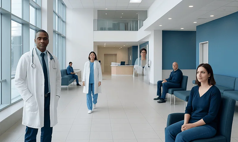 Medical staff and patients in a modern hospital lobby with large windows.