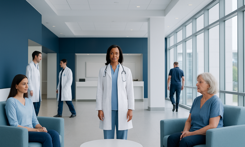 Medical team in hospital lobby with patients and staff.