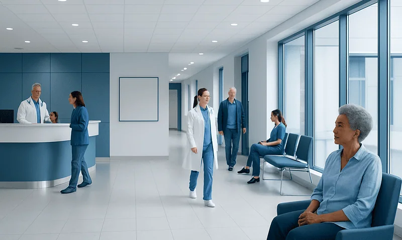Modern hospital waiting area with medical staff and patients.