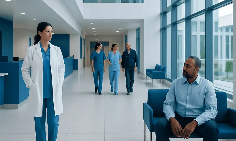 Hospital staff and patient in modern healthcare facility with large windows.