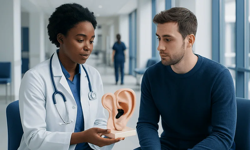 Doctor explaining ear health with ear model to patient in clinic.