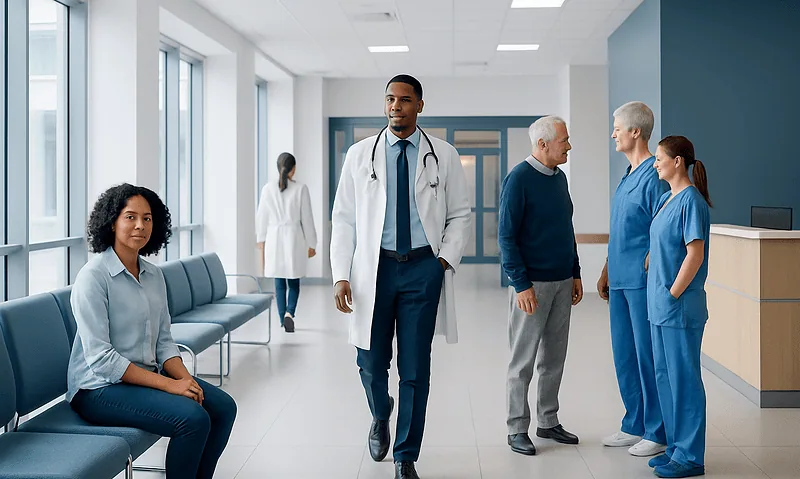 Diverse medical team and patients in hospital corridor.