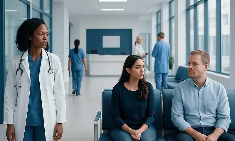 Hospital waiting area with medical staff and patients.