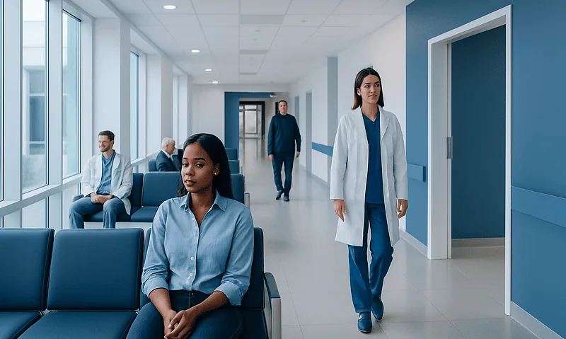 Hospital corridor with medical staff and patients waiting.