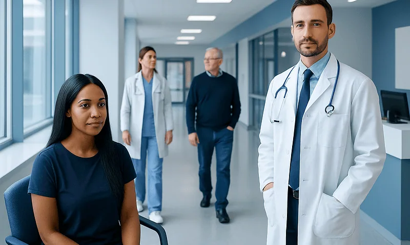 Medical team in hospital corridor with doctor and patients.
