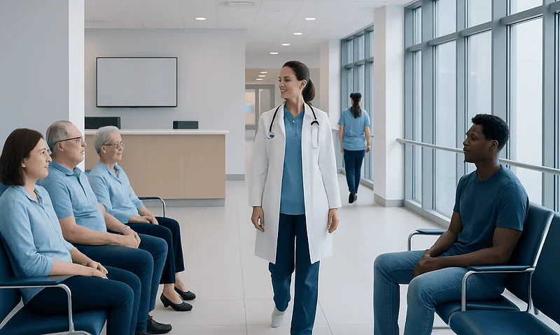 Healthcare professional consulting patients in hospital waiting area.