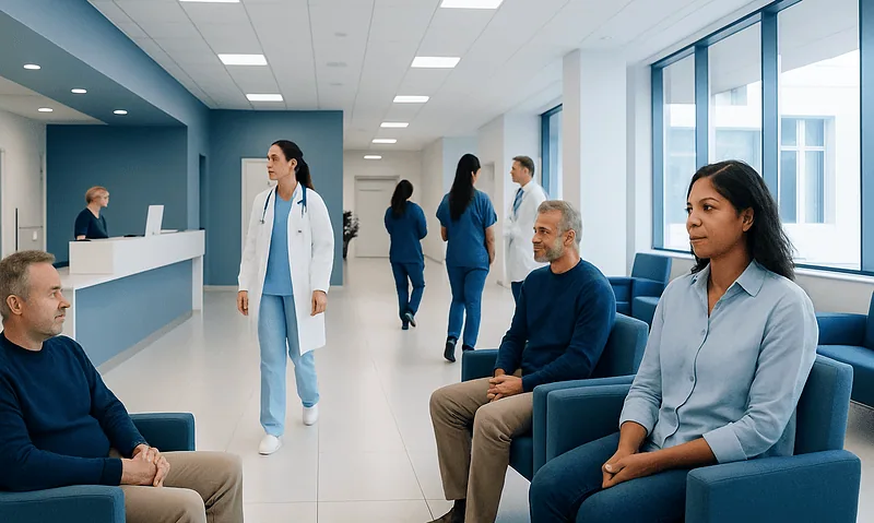 Patients waiting in a modern hospital lobby with medical staff nearby.