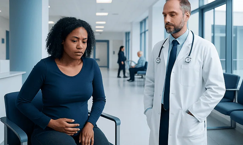 Female patient consulting with male doctor in hospital corridor.