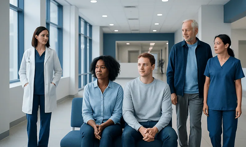 Diverse medical team consulting in hospital corridor.