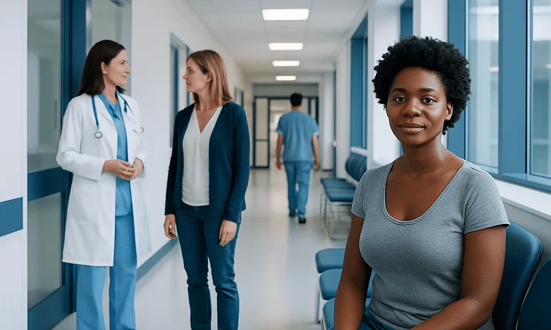 Diverse group of medical professionals and patient in hospital corridor.