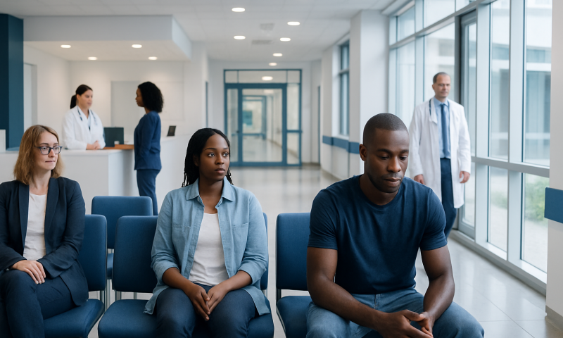 Patients waiting in a modern hospital lobby with medical staff nearby.