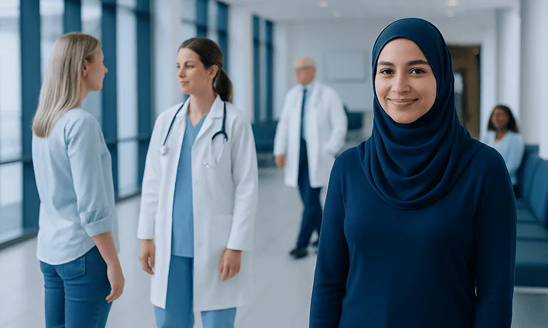 Diverse group of medical professionals and patients in a hospital corridor.