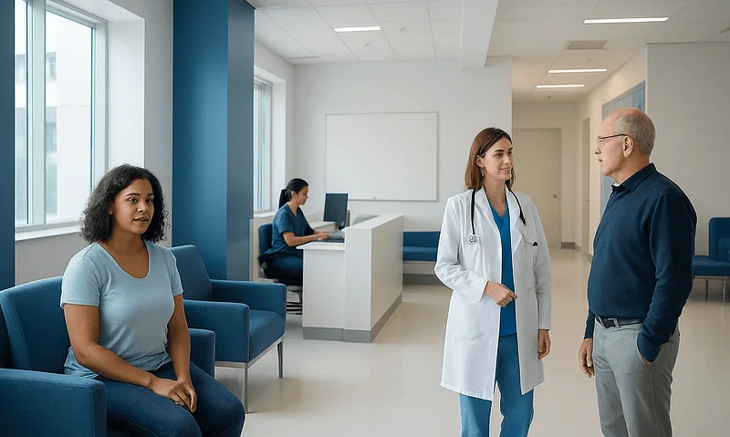 Medical consultation in a modern hospital with doctor and patient.