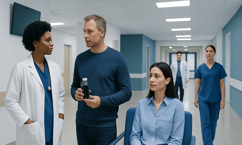 Hospital staff discussing patient care in a modern medical facility.