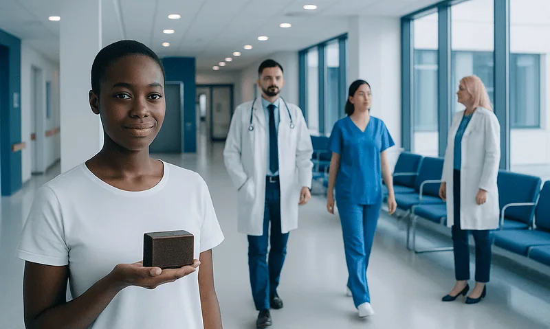 Young girl holding a soap bar in a hospital corridor.