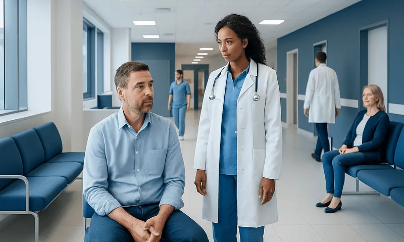 Doctor consulting male patient in hospital corridor with other staff and patients.