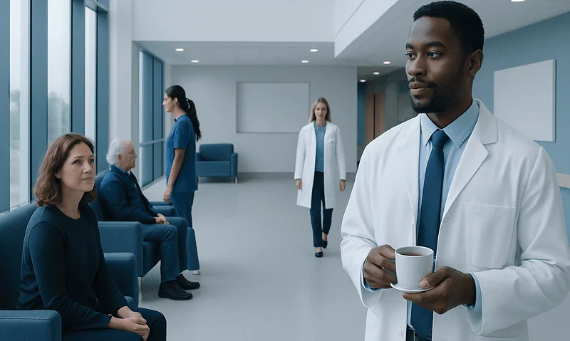 Doctor holding coffee in hospital waiting area with patients seated.