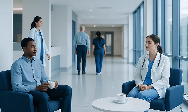 Medical professionals and patients in a modern hospital corridor.