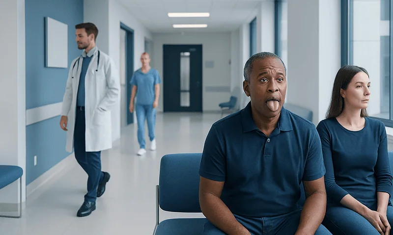 Patient with a sore throat in a hospital waiting area.