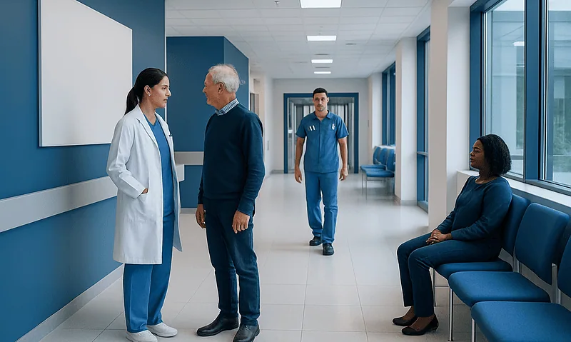 Medical staff and patient in hospital corridor at Acibadem Hospitals Group.