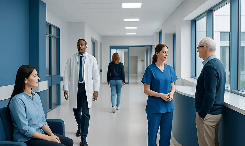 Healthcare professionals and patient in hospital corridor at Acibadem Hospitals Group.