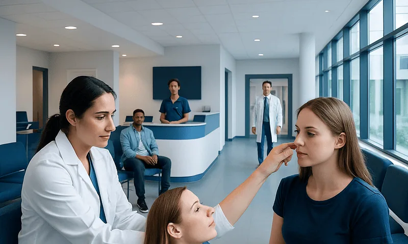 Medical professional examining a young woman's face in a modern hospital corridor.