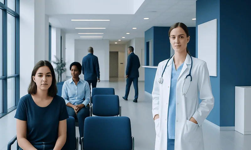 Medical consultation room with patients and doctor at Acibadem Hospitals Group.