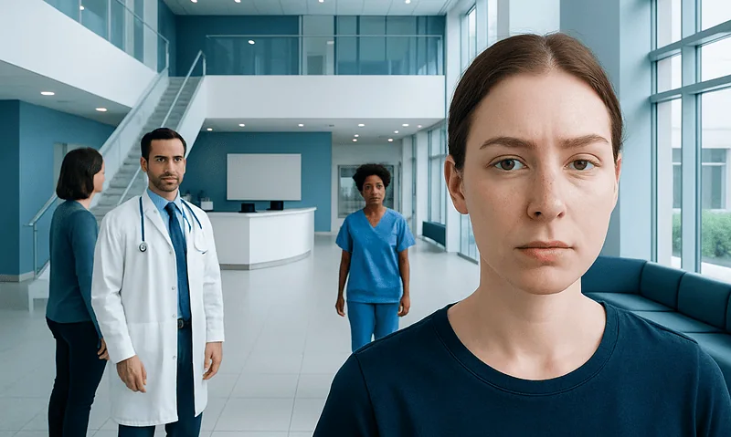 Concerned young woman in hospital lobby with medical staff in background.