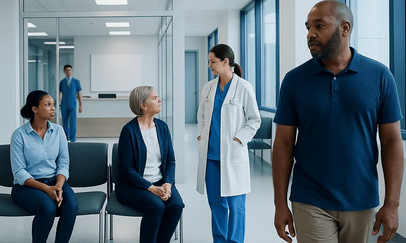 Doctor consulting with elderly patient in hospital waiting area.