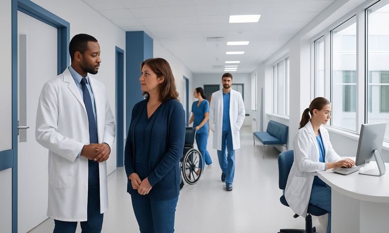 Medical professionals and patient in hospital corridor with staff at workstations.