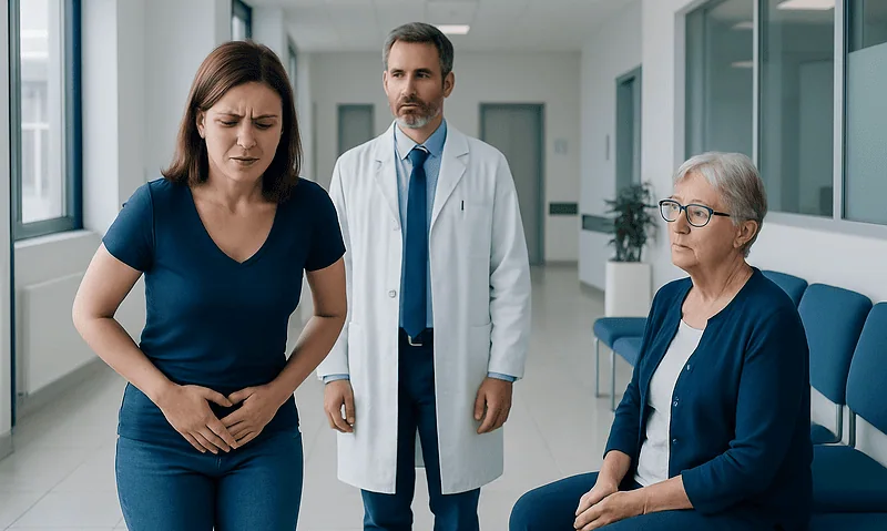 Woman experiencing abdominal pain during a medical consultation at Acibadem Hospital.