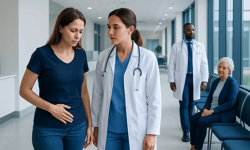 Doctor examining a woman with urinary discomfort in a hospital corridor.