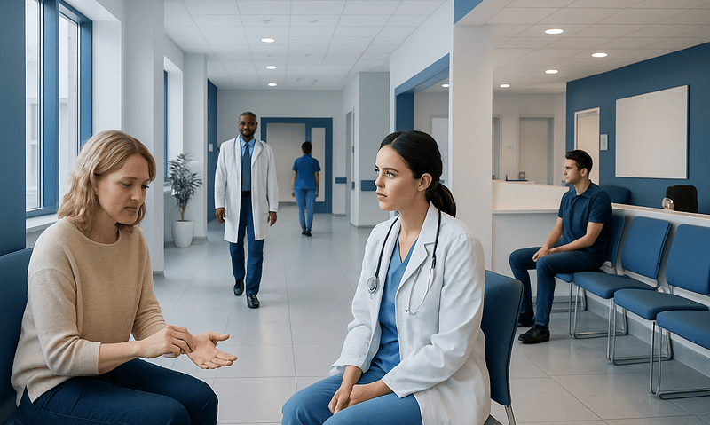 Medical consultation in a hospital waiting area with healthcare professionals and patients.