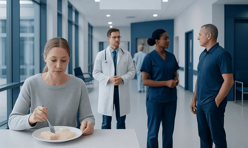 Patient eating bland food in hospital setting with medical staff nearby.