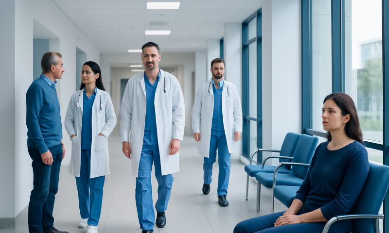 Medical team consulting with patient in hospital corridor at Acibadem Hospitals Group.