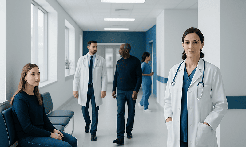 Medical team consulting in a hospital corridor with a patient and a nurse.