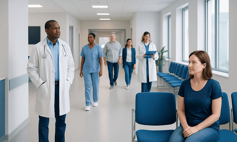 Medical team and patient in hospital corridor at Acibadem Hospitals Group.