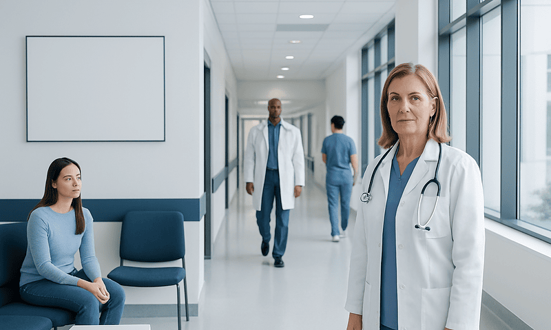 Medical professionals and patient in a hospital corridor.