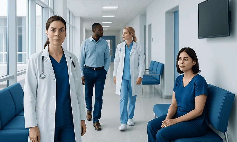 Bleeding Disorder Dic: Diagnosis, Outlook, and Modern Treatment Approaches 11 Medical team in hospital corridor with patient waiting area.