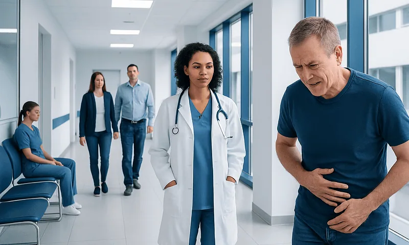 Bleeding gastrointestinal: Common Causes, Warning Signs, and When to Worry 3 Patient experiencing abdominal pain in hospital corridor with medical staff nearby.