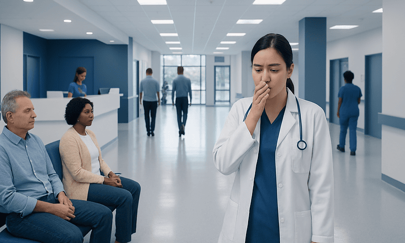 Doctor in hospital corridor appears worried or in pain.