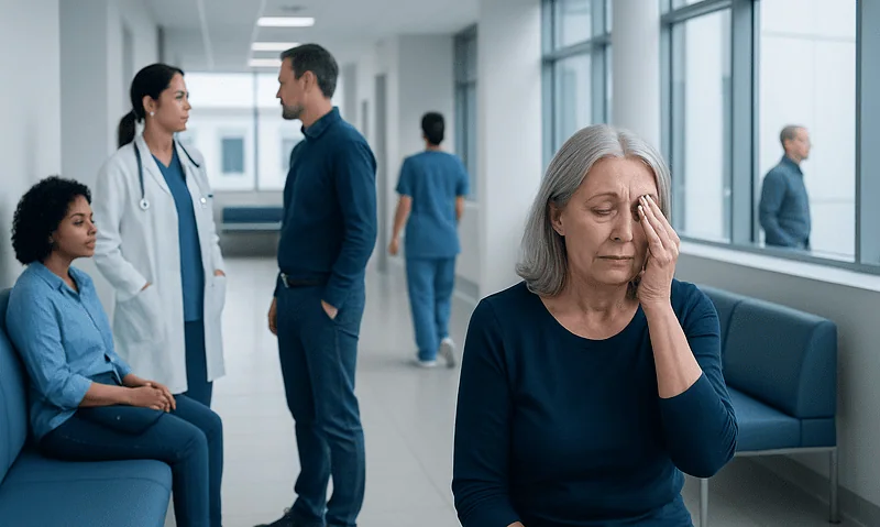 Elderly woman experiencing eye discomfort in hospital corridor.