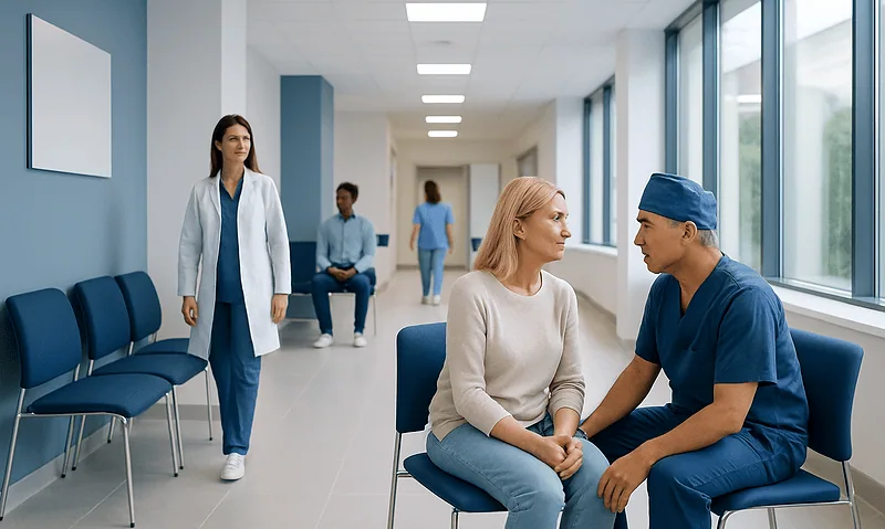 Patient consulting with doctor in hospital corridor.