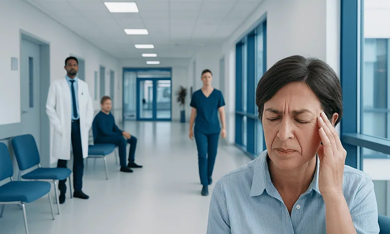 Woman experiencing headache in hospital corridor with medical staff nearby.