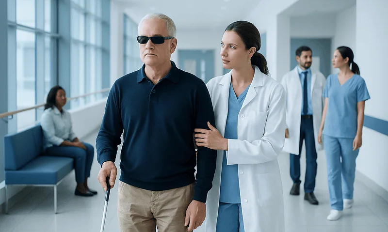 Elderly man with sunglasses walking with a nurse in a hospital corridor.