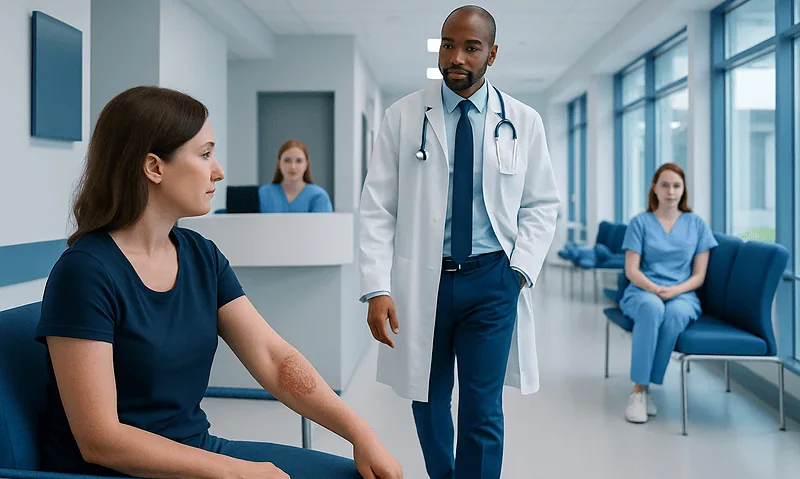 Doctor examining patient's arm with skin rash in hospital corridor.
