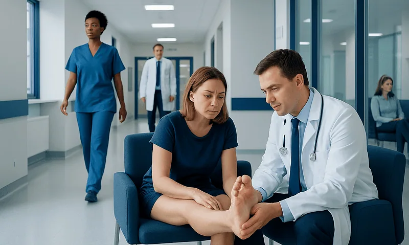 Doctor examining patient's foot in a hospital corridor.