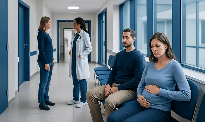 Pregnant woman and partner waiting in hospital corridor with medical staff nearby.